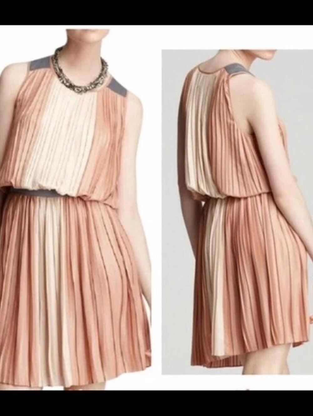 BCBGMAXAZRIA SOFI Pink & Beige Midi Pleated Elastic Waist Band Dress - Size 02